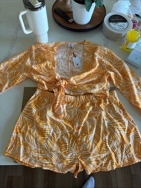 Shade & Shore Yellow White Leaf-Print Women's Shorts Set
